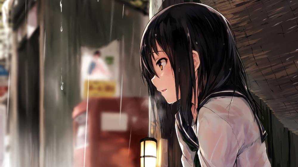 Anime Schoolgirl in Rainy Solitude wallpaper