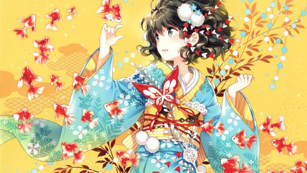 Kimono-Clad Anime Girl with Goldfish wallpaper