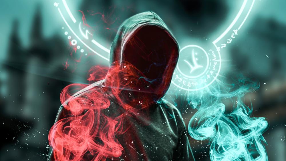 Mystic Cloaked Figure Conjures Arcane Power wallpaper