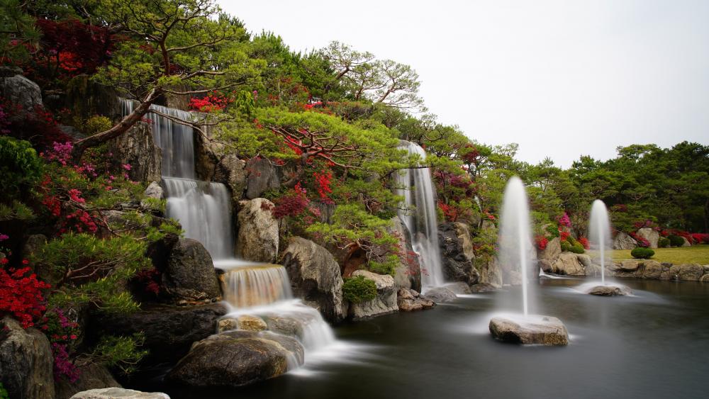Tranquil Garden Waterfall Haven wallpaper