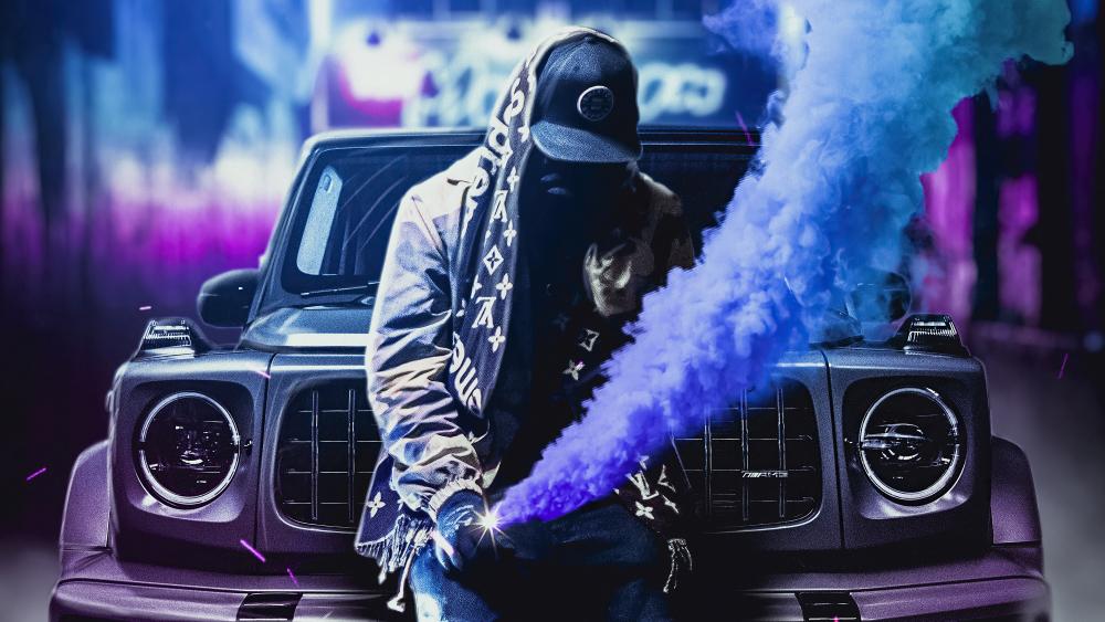 Mysterious Man with Blue Smoke and Luxury Car wallpaper