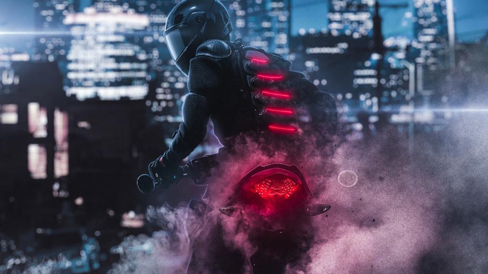 Futuristic Rider in Neon Metropolis wallpaper