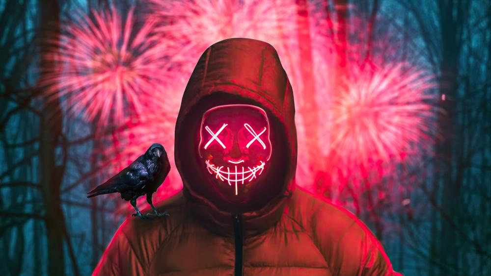 Mysterious XX Masked Figure Amidst Fireworks wallpaper
