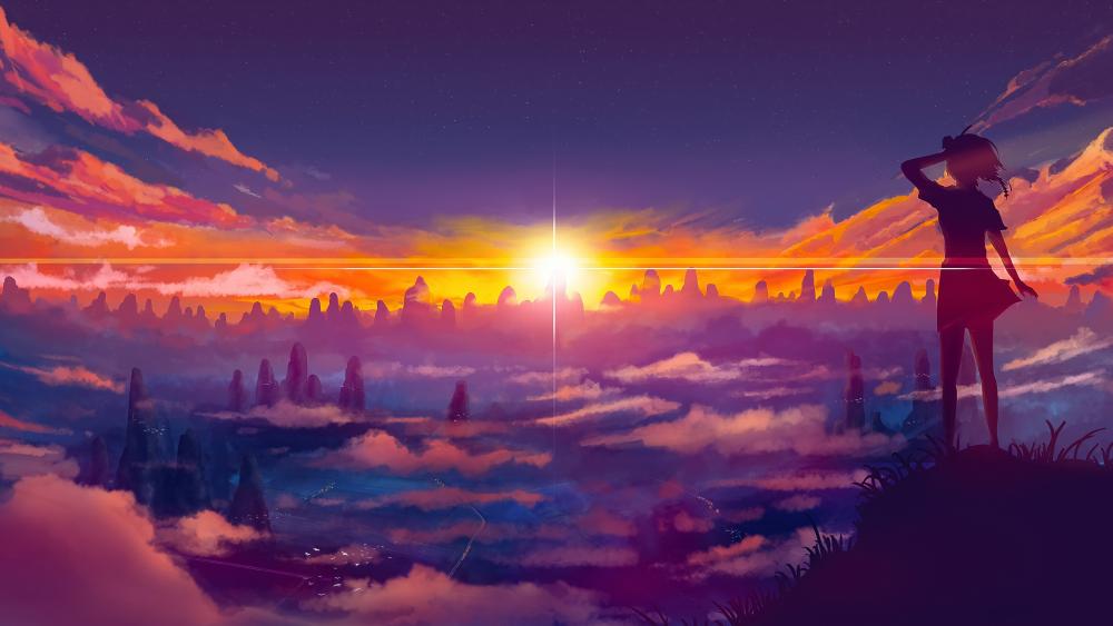 Sunset Reverie in a Dreamlike Anime World wallpaper