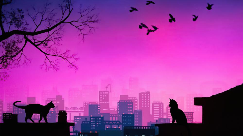 Feline Silhouettes in Purple Synthwave Cityscape wallpaper
