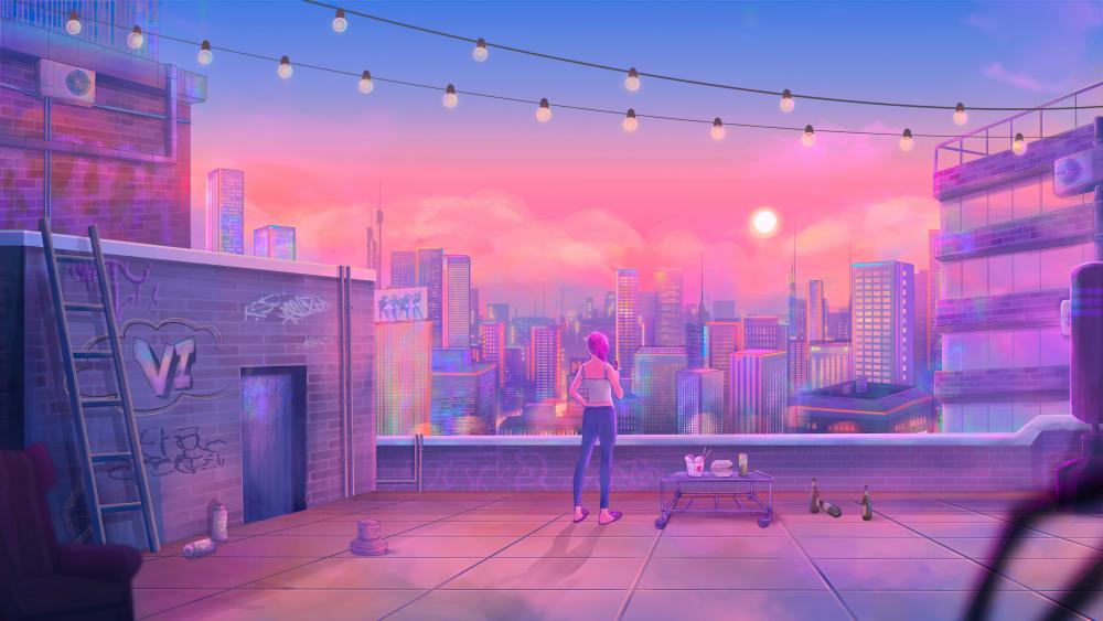 Sunset Solitude in a Pink Kawaii Cityscape wallpaper