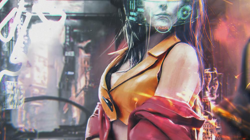 Futuristic Neon Cityscape with Sci-Fi Heroine wallpaper