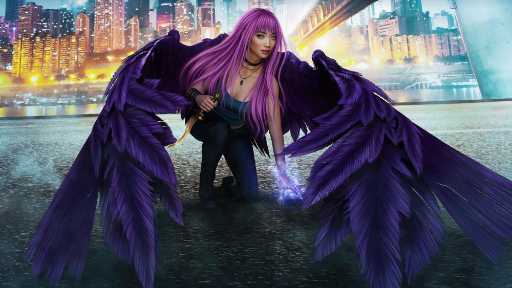 Mystical City Guardian with Purple Wings wallpaper