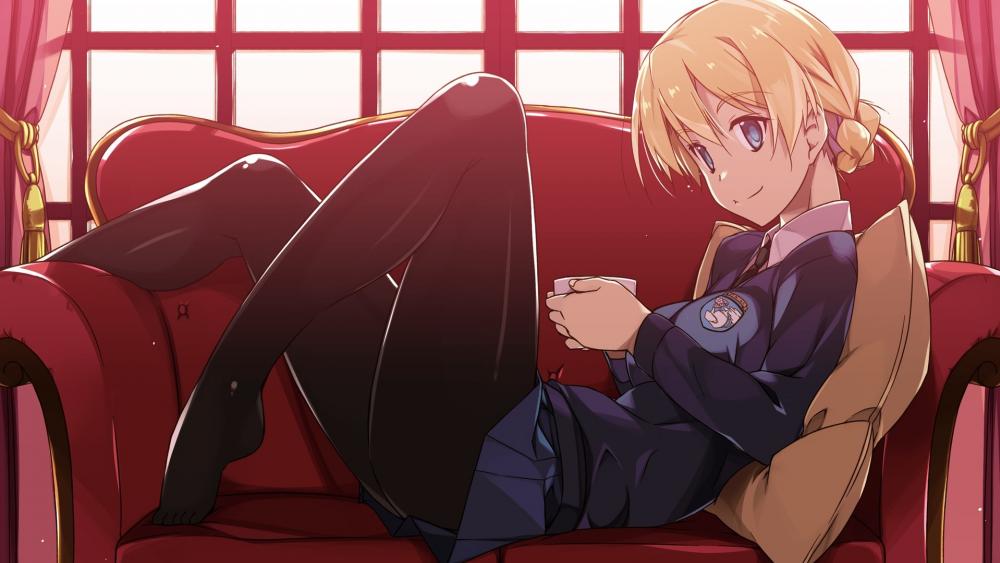Blonde Anime Girl in Relaxing Pose wallpaper