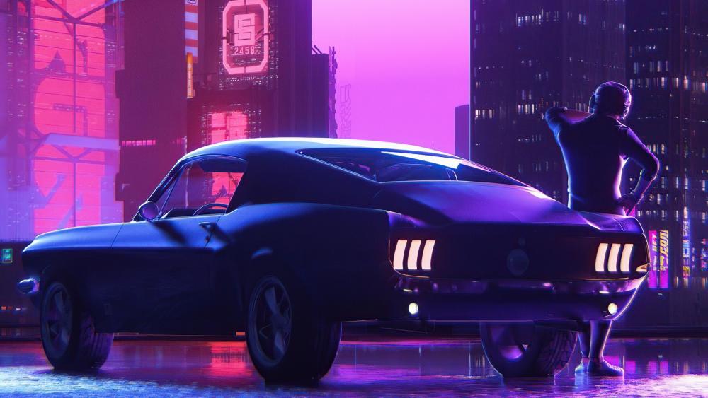 Neon Dusk with Retro Ford Mustang wallpaper