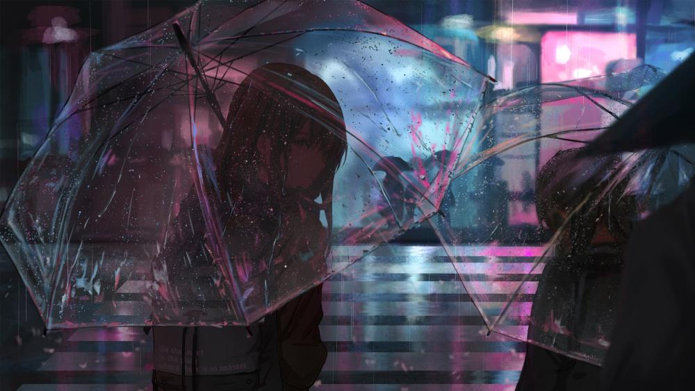 Rainy Night's Embrace in Anime World wallpaper