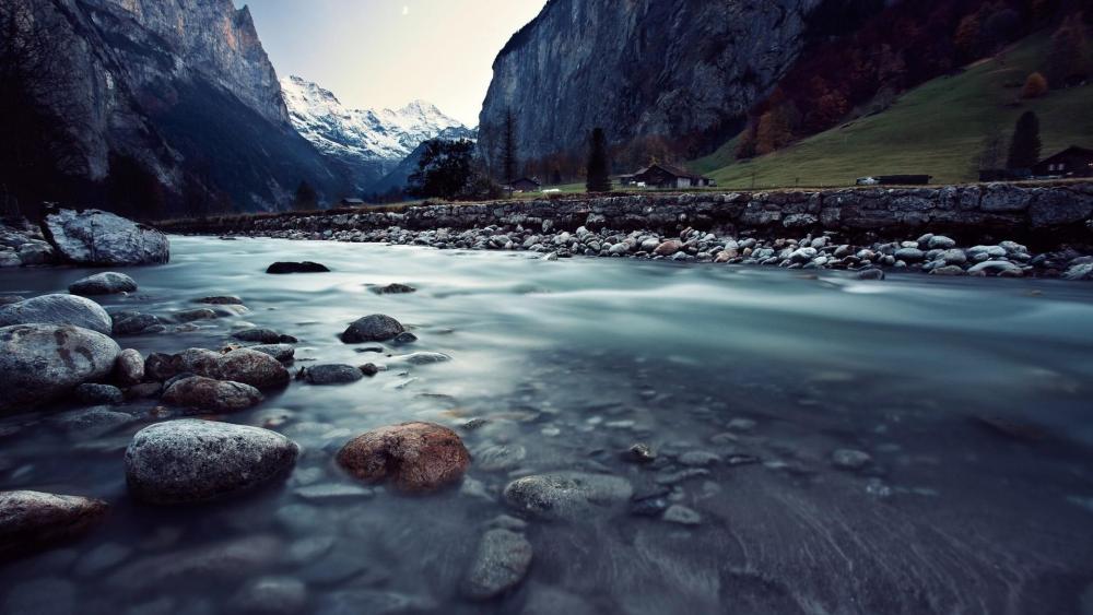 Mountain River Serenity at Dusk wallpaper