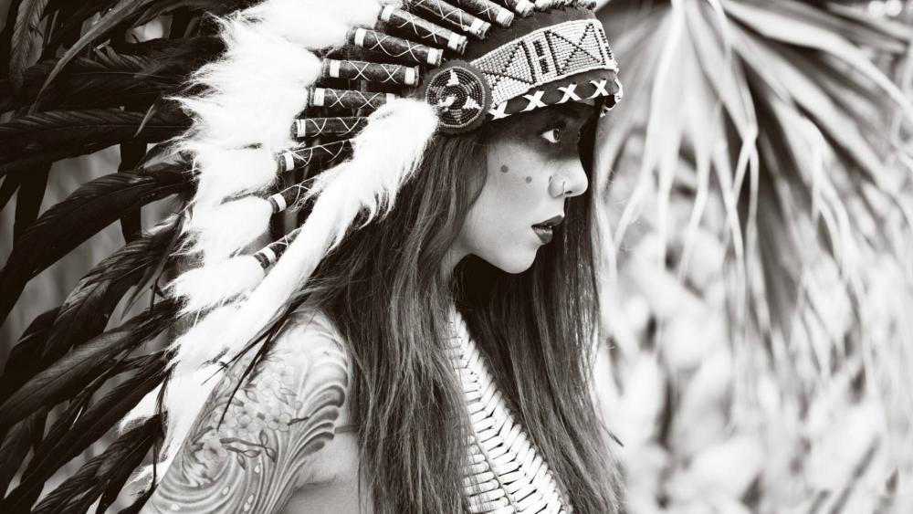 Woman wearing Native American headdress black and white art wallpaper