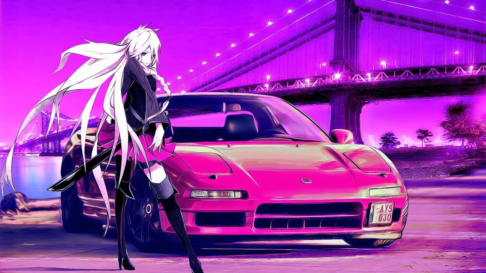 Anime Girl with Sports Car under Purple Hues wallpaper