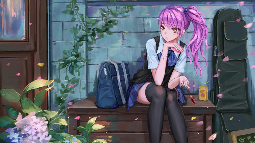 Contemplative Schoolgirl with Lavender Locks wallpaper
