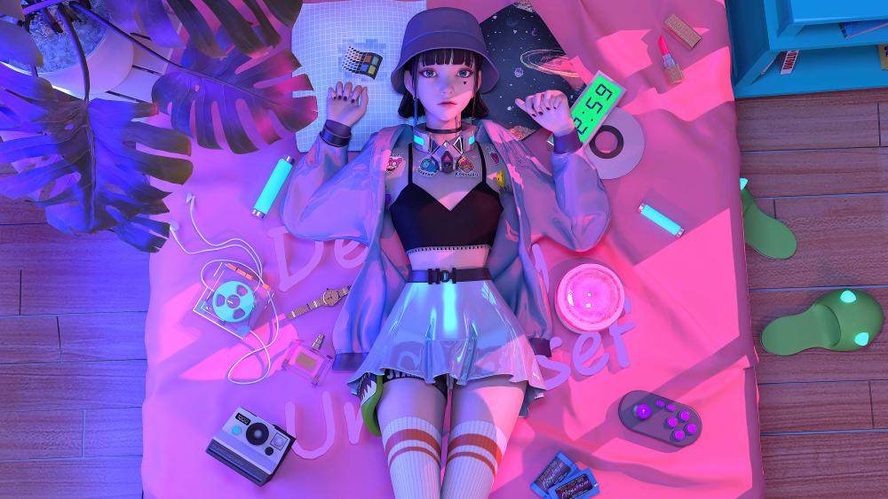Anime Girl in a Synthwave Slumber wallpaper