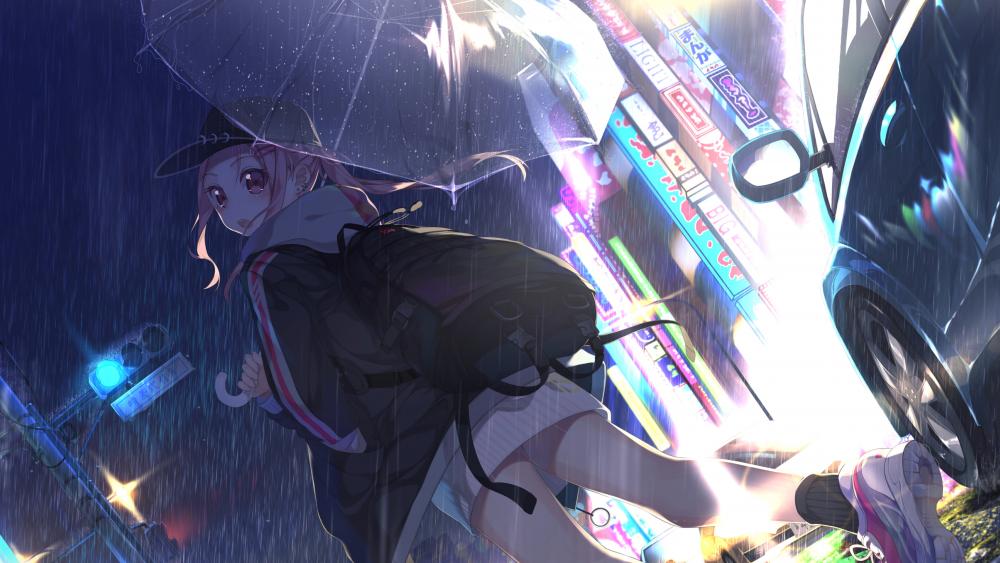 Twinkling Rainy Night with Anime Girl wallpaper