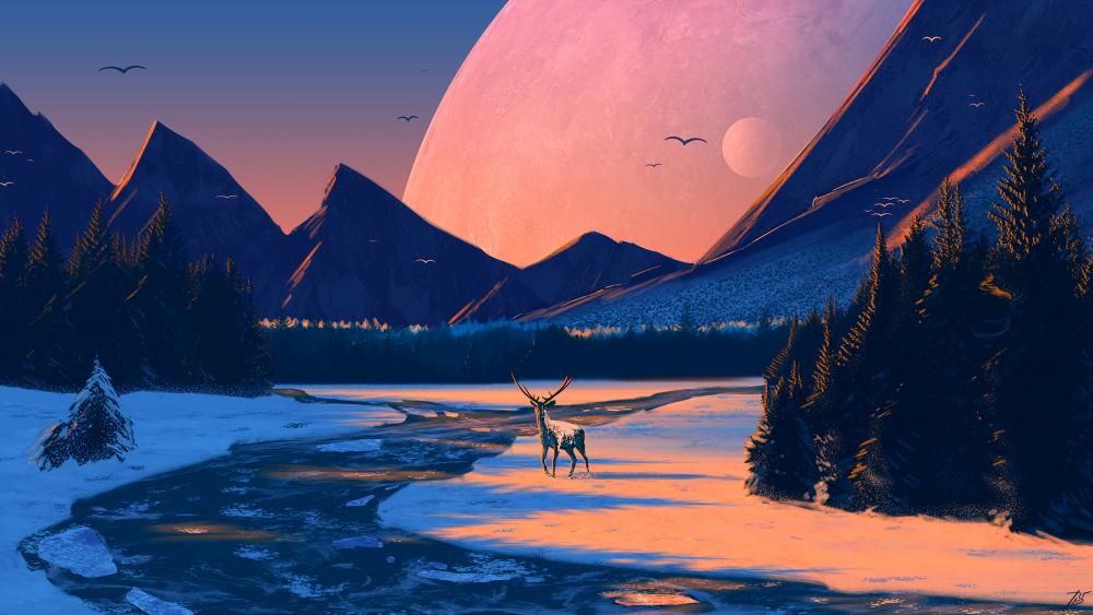Majestic Valley Under a Giant Moon wallpaper