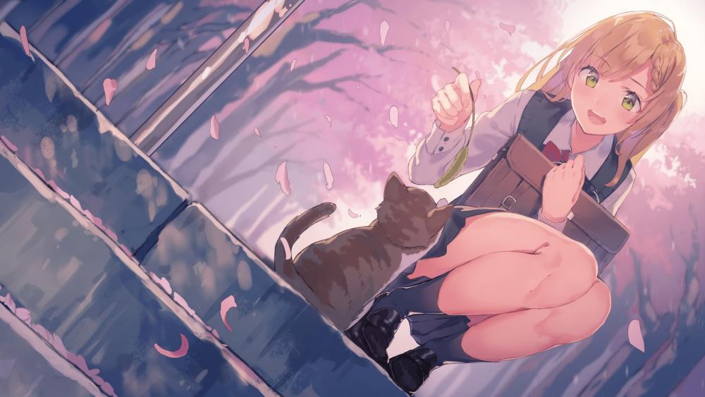 Anime girl playing with cat wallpaper