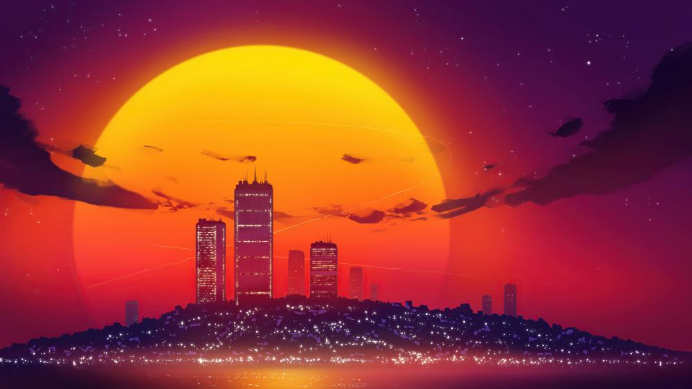 Sunset Cityscape in Synthwave Style wallpaper