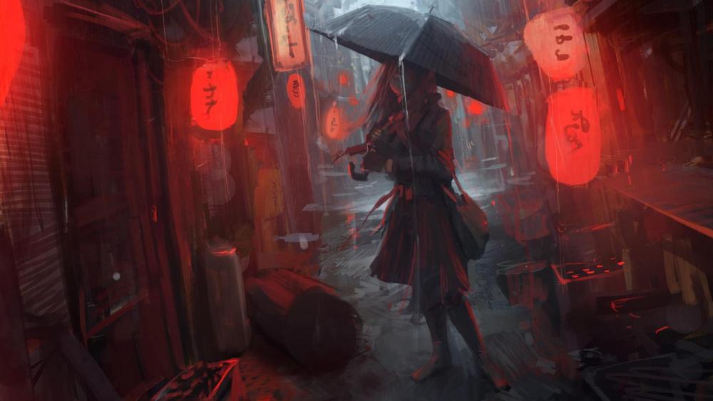 Mysterious Anime Girl in Rainy Alley wallpaper