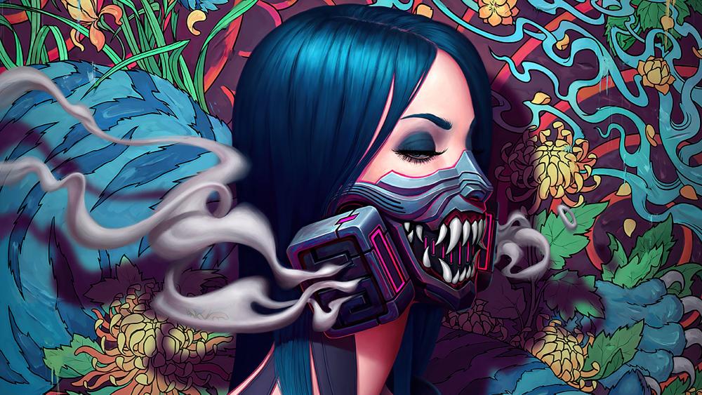Mystical Masked Maiden in Technicolor Dreamscape wallpaper