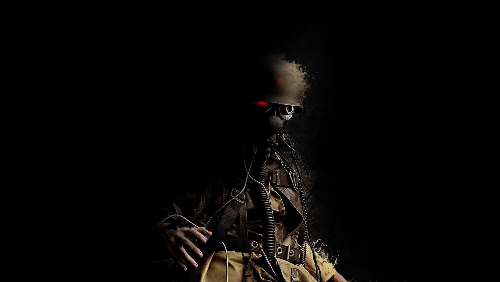 Shadowed Warrior in Gas Mask Illuminated by a Single Red Light wallpaper