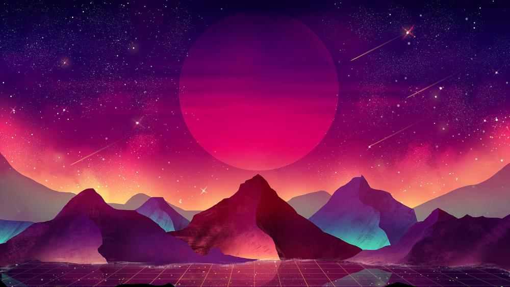 Synthwave Sunset Over Grid Mountains wallpaper