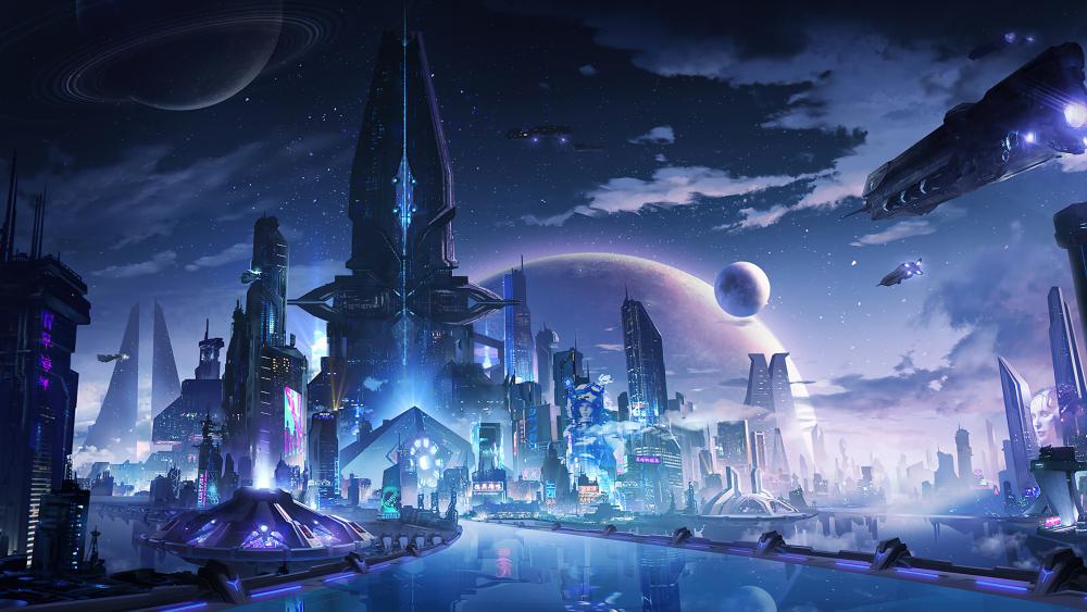 Futuristic Cityscape Under Twilight Skies wallpaper