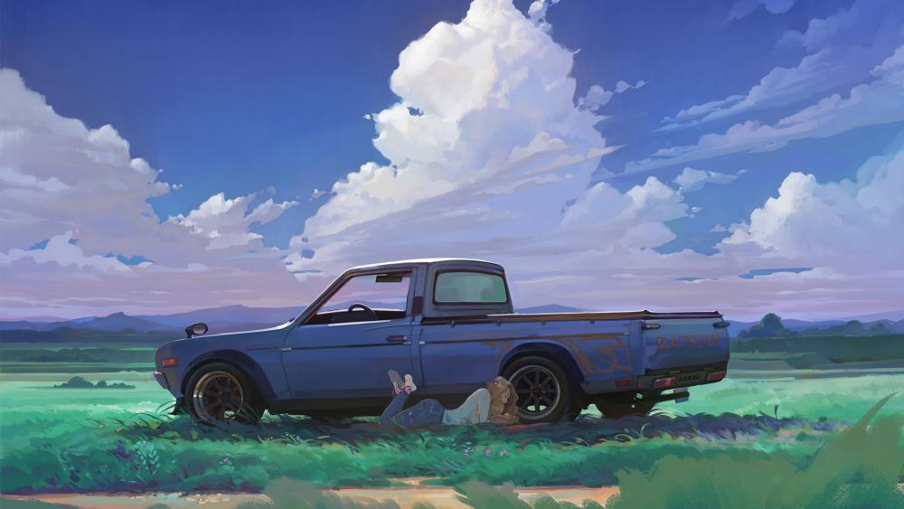 Serene Anime Landscape with Vintage Car wallpaper