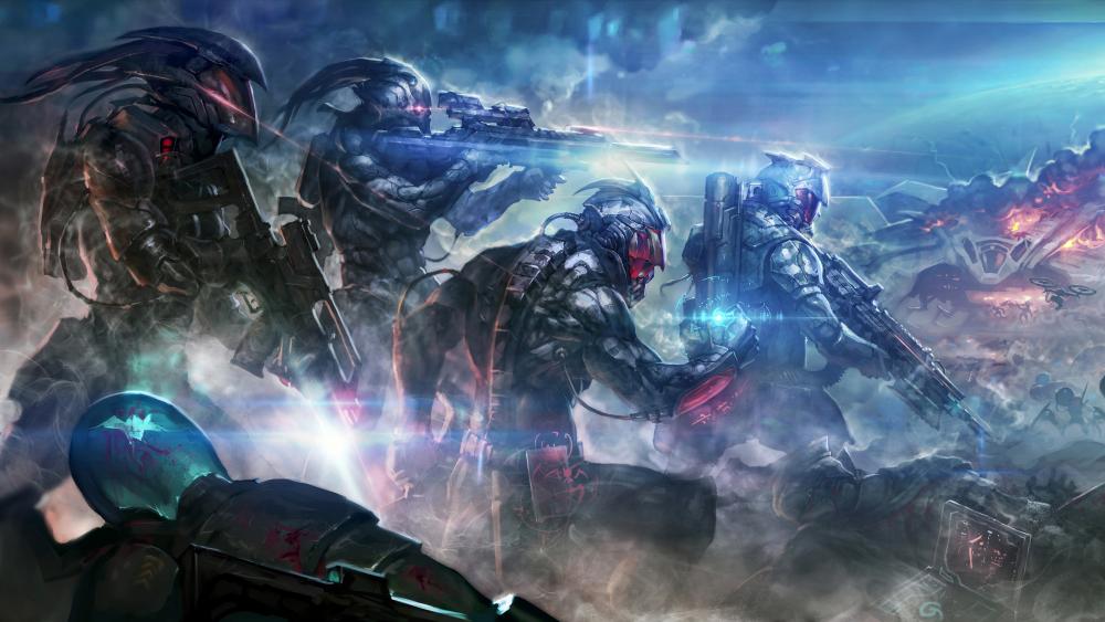 Futuristic war with cyborg soldiers wallpaper