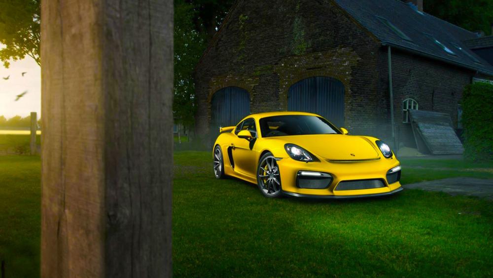 Yellow Porsche Cayman digital art wallpaper