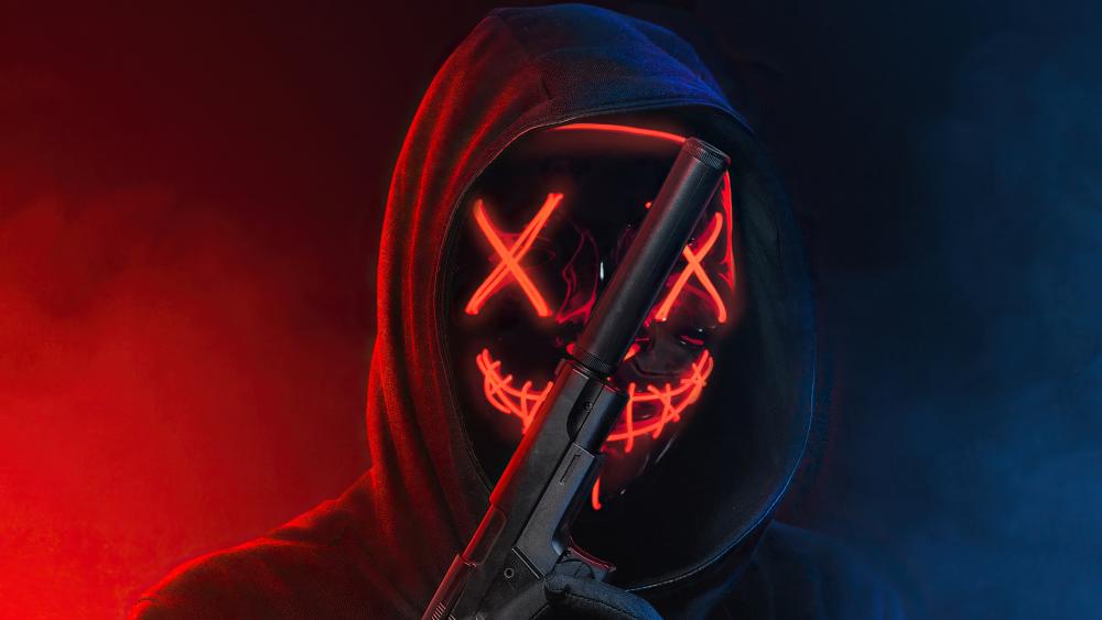 Neon Masked Vigilante in Shadows wallpaper