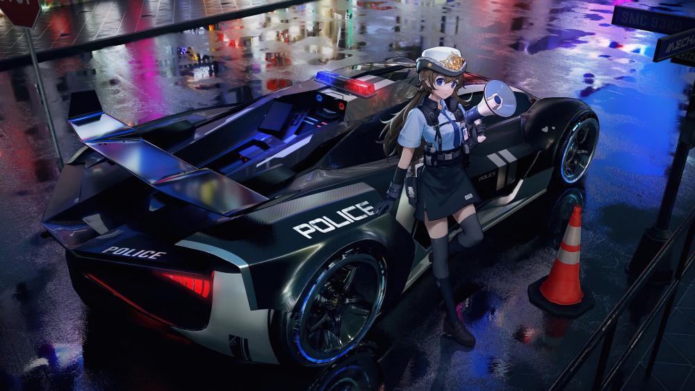 Anime Police Girl and Futuristic Patrol Vehicle wallpaper
