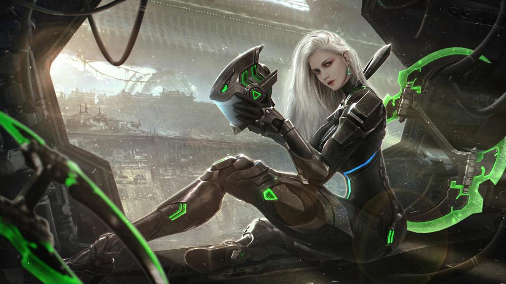 Futuristic Cyberpunk Warrior Posing in Dystopia wallpaper