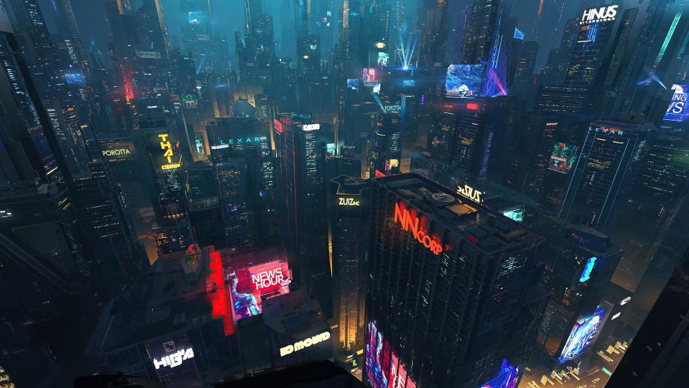 Cyber Metropolis Glow at Nighttime wallpaper