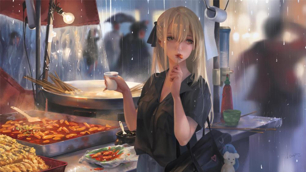 A Rainy Evening at the Japanese Street Food Stall wallpaper