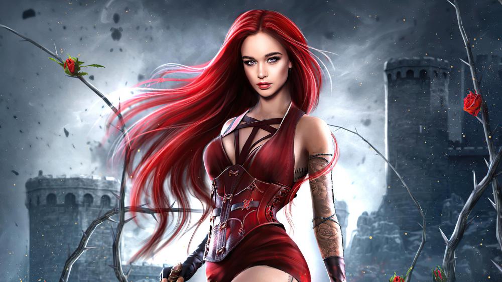Mystical Red-haired Warrior in Dark Fantasy Realm wallpaper