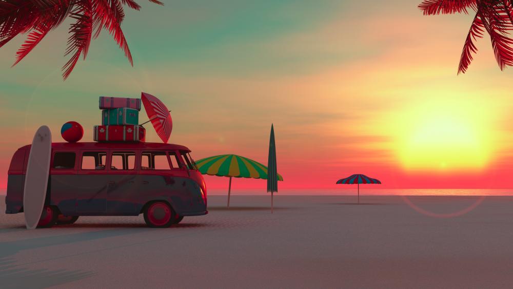 Picnic on the beach with Volkswagen Van wallpaper