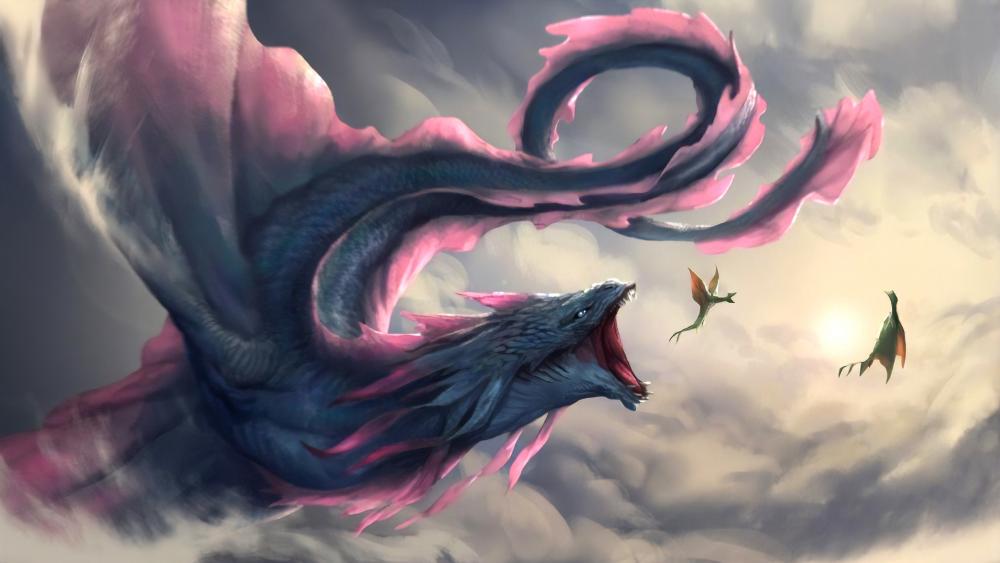 Majestic Pink Dragon Soaring in the Clouds wallpaper
