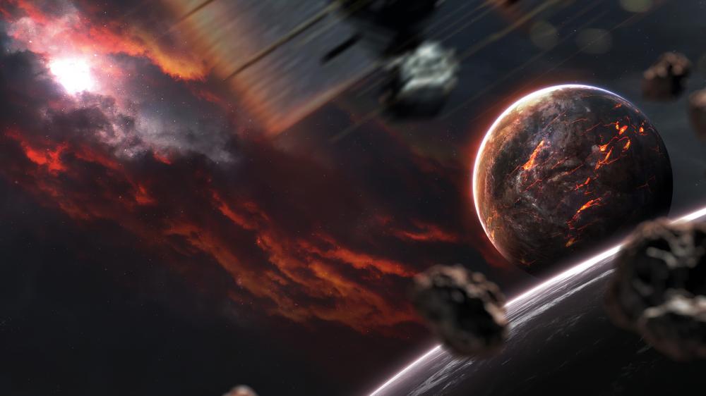 Cosmic Theater of Fiery Planet and Asteroids wallpaper