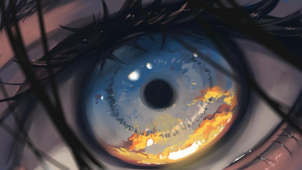 The sunset is reflected in her eye wallpaper