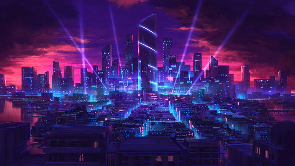 Futuristic Neon Metropolis at Twilight wallpaper