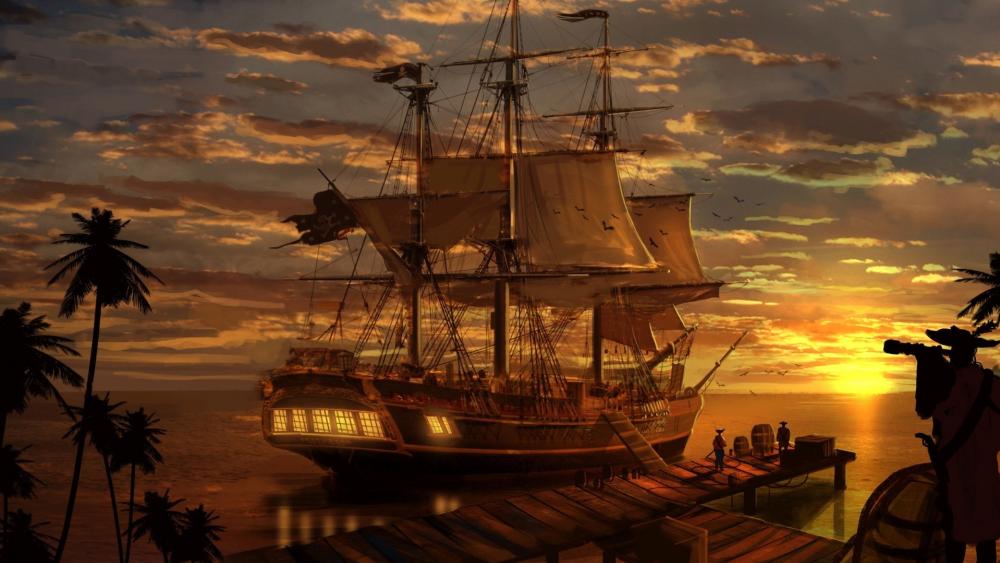 Sailing into the Sunset on a Pirate's Voyage wallpaper