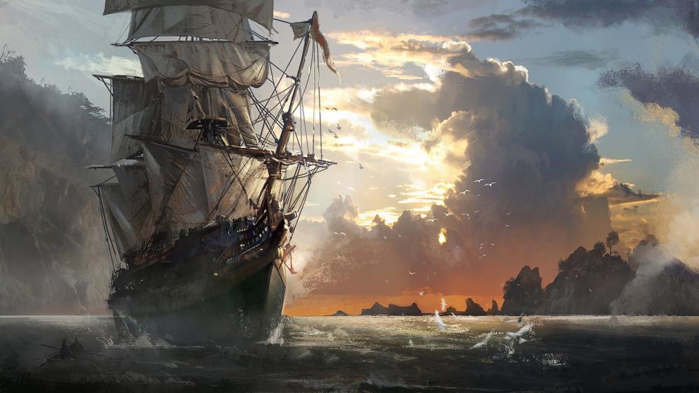Majestic Ship Sailing into Sunset wallpaper