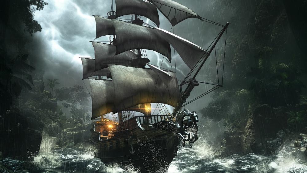 Mysterious Pirate Ship Emerging from the Mist wallpaper