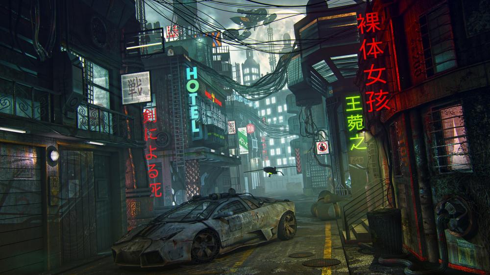 Futuristic Cityscape with Cyber Car wallpaper