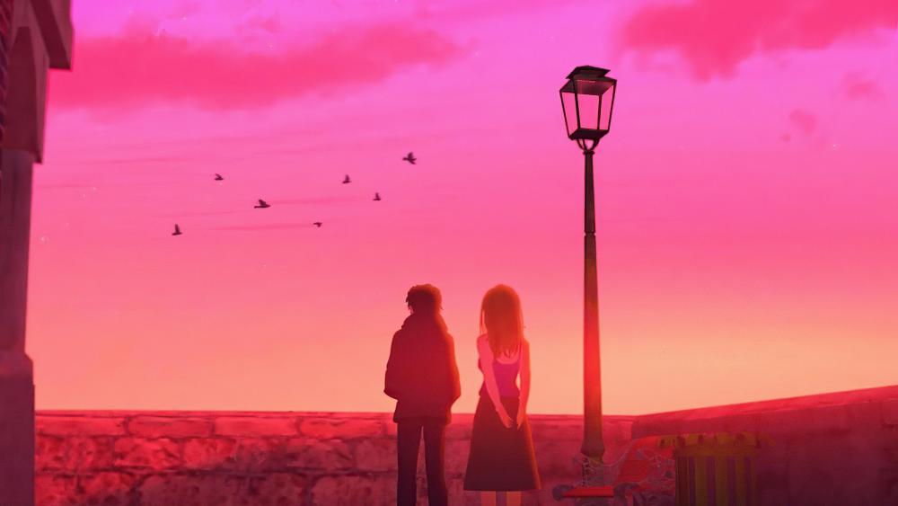 Romantic Twilight Embrace Under Pink Skies wallpaper