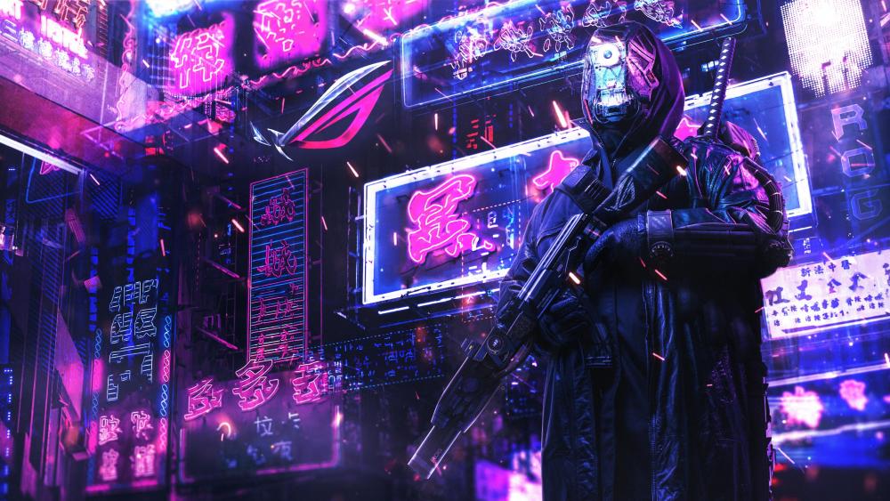 Futuristic Neon Warrior in Cyber City wallpaper
