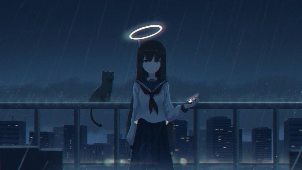 Mysterious Angel on a Rainy Cityscape wallpaper